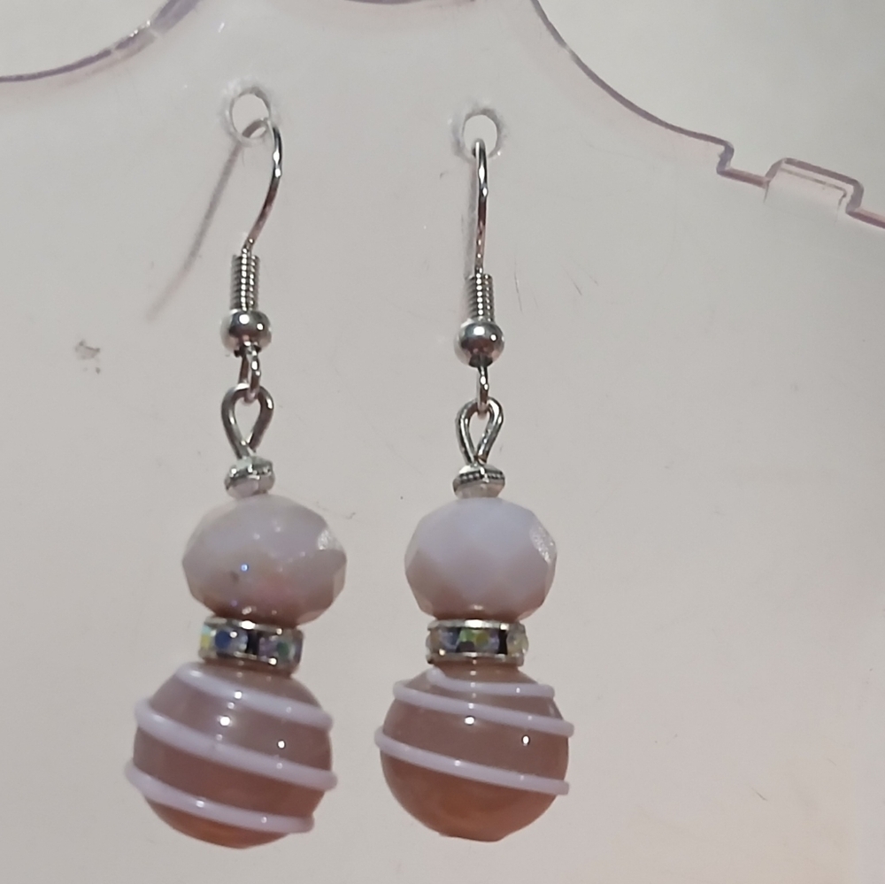 Hand Crafted Lavender Striped Glass Bead Drop Earrings